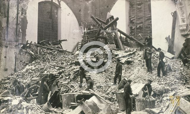 Air raid damage at Church of St Mildred, Bread Street, City of London, c1941. Artist: Anon