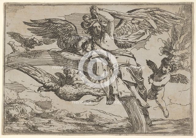 Air, represented by Iris reclining on her rainbow, accompanied by a winged putto bearin..., 1640-60. Creator: Giulio Carpioni.