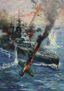 Aircraft attack British battleship, between 1941 and 1946. Creators: Central Office of Information, Terence Tenison Cuneo