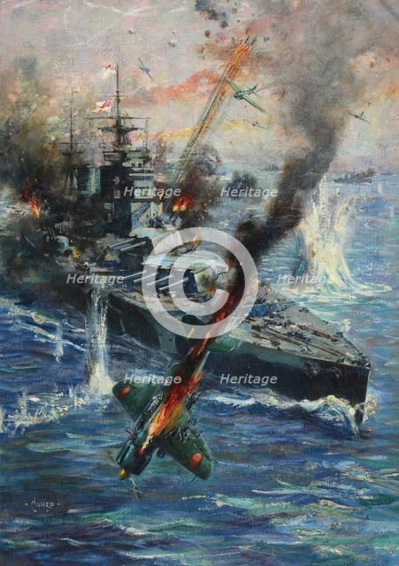 Aircraft attack British battleship, between 1941 and 1946. Creators: Central Office of Information, Terence Tenison Cuneo.