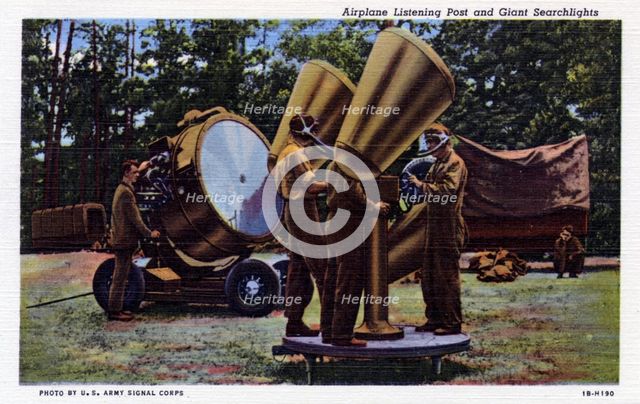 Aircraft listening post and giant searchlights, USA, 1941. Artist: US Army Signal Corps