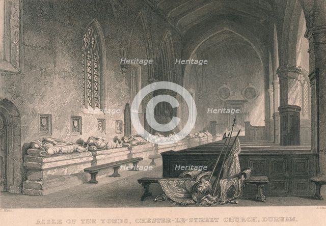 'Aisle of the Tombs, Chester-Le-Street Church, Durham', 1834. Artist: James Sands.