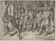 Ajax lower left holding a shield aloft, at the right stands Agamemnon surrounded by his..., 1540-50. Creator: Niccolo Vicentino
