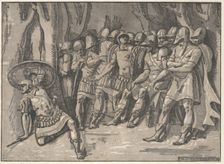 Ajax lower left holding a shield aloft, at the right stands Agamemnon surrounded by his..., 1540-50. Creator: Niccolo Vicentino