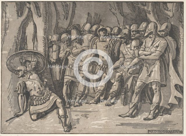 Ajax lower left holding a shield aloft, at the right stands Agamemnon surrounded by his..., 1540-50. Creator: Niccolo Vicentino.