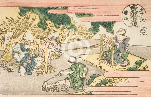 "Akasaka (numbered 37)"; Fujikawa (numbered 38) (image 4 of 4), c1802. Creator: Hokusai.
