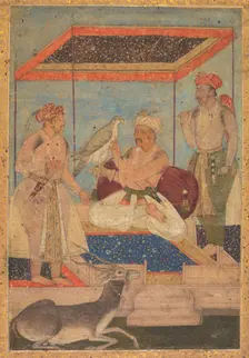 Akbar and Jahangir Examine a Ghir Falcon while Prince Khusrau Stands Behind, c. 1602-1604. Creator: Unknown