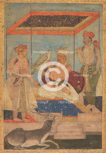 Akbar and Jahangir Examine a Ghir Falcon while Prince Khusrau Stands Behind, c. 1602-1604. Creator: Unknown.