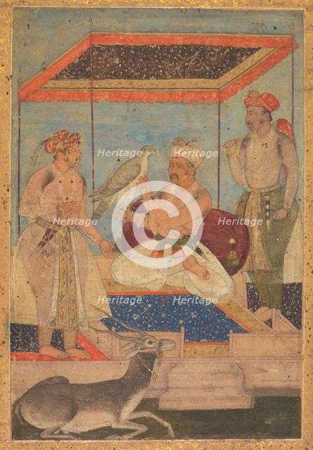 Akbar and Jahangir Examine a Ghir Falcon while Prince Khusrau Stands Behind, c. 1602-1604. Creator: Unknown.