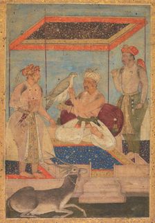 Akbar and Jahangir Examine a Ghir Falcon while Prince Khusrau Stands Behind, c. 1602-1604. Creator: Unknown