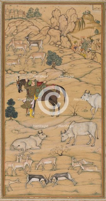 Akbar Mounting his Horse; page from the Chester Beatty Akbar Nama (History of Akbar), 1605-07. Creator: Sur Das Gujarati (Indian, active 16th century), attributed to.