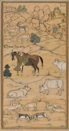 Akbar Mounting his Horse; page from the Chester Beatty Akbar Nama (History of Akbar), 1605-07. Creator: Sur Das Gujarati (Indian, active 16th century), attributed to