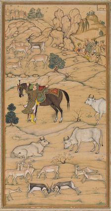 Akbar Mounting his Horse; page from the Chester Beatty Akbar Nama (History of Akbar), 1605-07. Creator: Sur Das Gujarati (Indian, active 16th century), attributed to