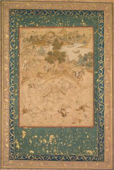 Akbar supervising the capture of wild elephants at Malwa in 1564, painting 90..., c. 1602-3 Creator: Farukh Chela (Indian), attributed to ; Govardhan (Indian, active c.1596-1645), or ; Dhanraj (Indian), or