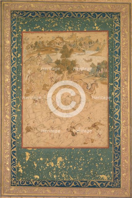 Akbar supervising the capture of wild elephants at Malwa in 1564, painting 90..., c. 1602-3 Creator: Farukh Chela (Indian), attributed to ; Govardhan (Indian, active c.1596-1645), or ; Dhanraj (Indian), or.