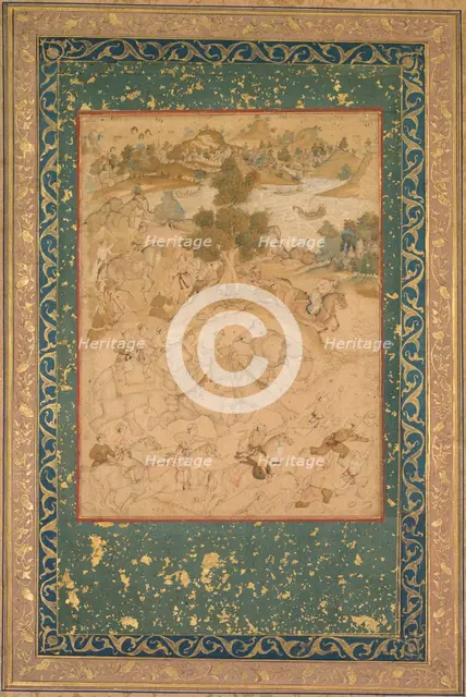 Akbar supervising the capture of wild elephants at Malwa in 1564, painting 90…, c. 1602-3. Creator: Farukh Chela (Indian), attributed to ; Govardhan (Indian, active c.1596-1645), or ; Dhanraj (Indian), or.