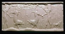 Akkadian cylinder-seal impression of a hero fighting a lion
