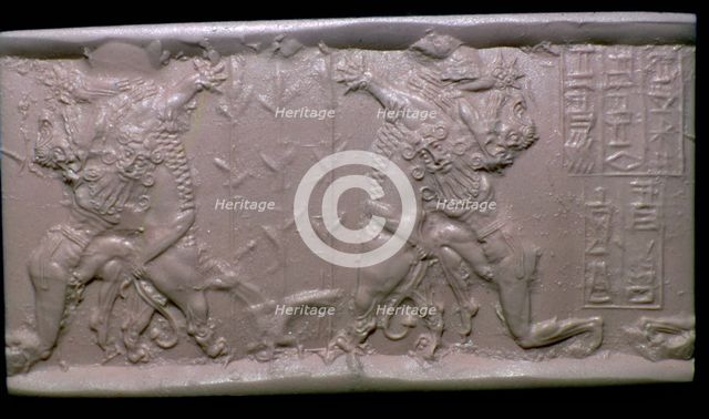 Akkadian cylinder-seal impression of Gilgamesh and a Lion. Artist: Unknown