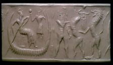 Akkadian cylinder-seal impression showing the flood-epic