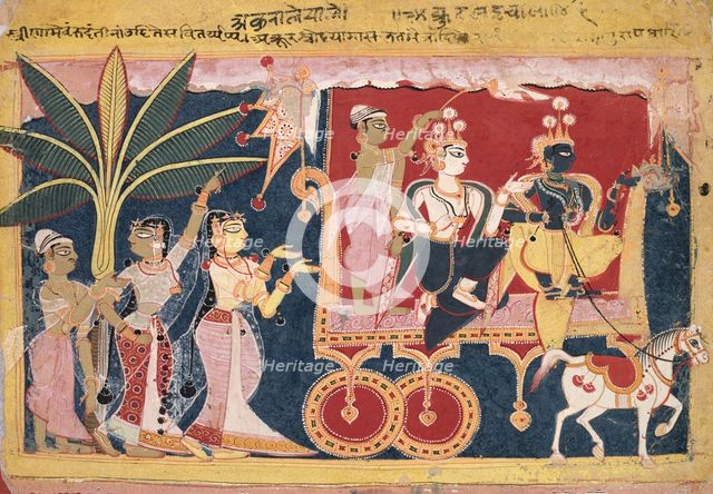 Akrura Drives Krishna and Balarama to Mathura (Isarda Bhagavata Purana), c. 1560-1570. Creator: Unknown.