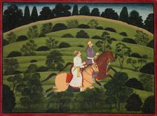 Akrura Rides Toward Dwarka, page from the large Basohli Bhagavata Purana, c. 1760-1765. Creator: Unknown