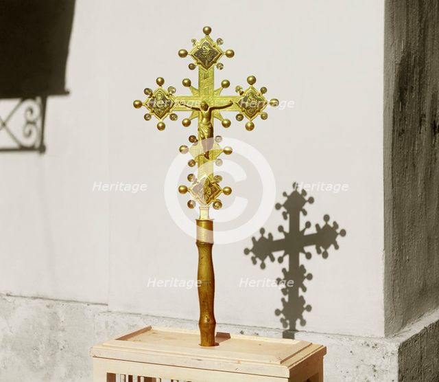 Altar cross with a rock crystal decoration; a gift from Emperor Alexander II. Borodino, 1911. Creator: Sergey Mikhaylovich Prokudin-Gorsky.