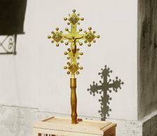 Altar cross with a rock crystal decoration; a gift from Emperor Alexander II. Borodino, 1911. Creator: Sergey Mikhaylovich Prokudin-Gorsky