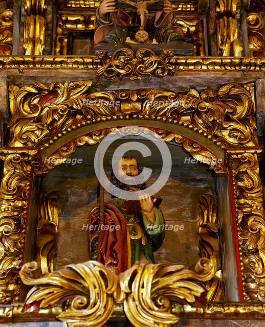 Altarpiece with detail of the apostle St Jude Thaddeus, Sanctuary, San Andres de..., Spain, 2000.  Creator: Miguel López de la Peña.