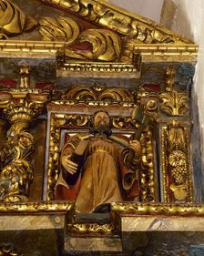 Altarpiece with detail of the apostle St Matthias, Sanctuary, San Andres de...Galicia, Spain, 2000. Creator: Miguel López de la Peña