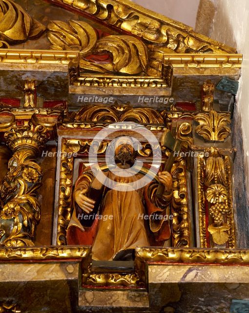 Altarpiece with detail of the apostle St Matthias, Sanctuary, San Andres de...Galicia, Spain, 2000.  Creator: Miguel López de la Peña.