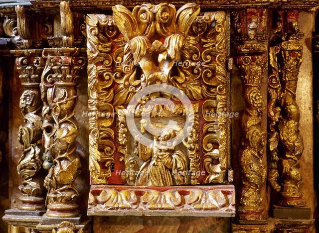 Altarpiece with detail of the Good Shepherd, Sanctuary, San Andres de Teixido, Galicia, Spain, 2000. Creator: Miguel López de la Peña.