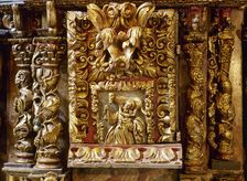 Altarpiece with detail of the Good Shepherd, Sanctuary, San Andres de Teixido, Galicia, Spain, 2000. Creator: Miguel López de la Peña