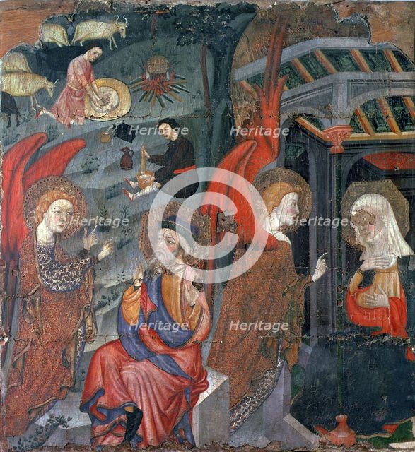 Altarpiece dedicated to the Virgin with the Annunciation and pastors making cheese, painting on w…