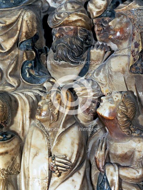 Altarpiece in polychromed alabaster from the main altar or Santa Tecla altar. Predella detail wit…