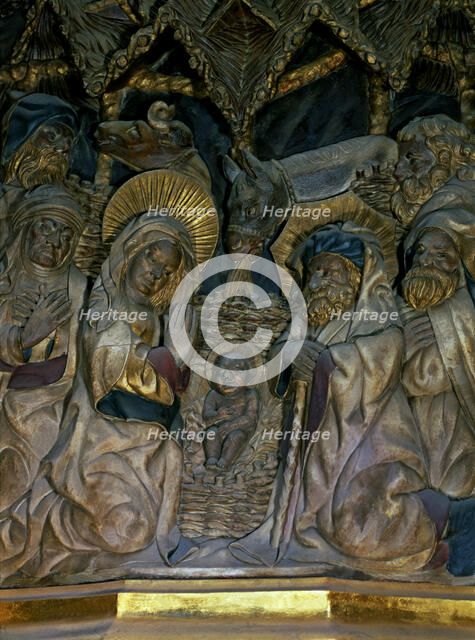 Altarpiece of the Cathedral of Tarragona in polychromed alabaster (1426-1436), detail 'The Nativi…
