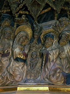 Altarpiece of the Cathedral of Tarragona in polychromed alabaster (1426-1436), detail The Nativi…