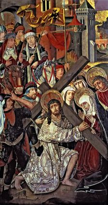 Altarpiece of the Holy Cross. Christ way to Calvary, tempera painting by Martin Bernat