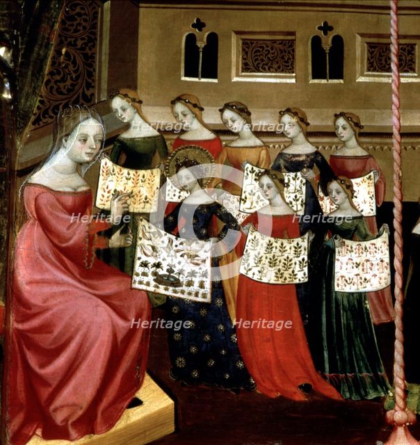 Altarpiece of the Virgin and St. George, detail of embroidery veil of the temple, tempera on wood…
