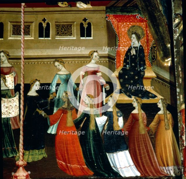 Altarpiece of the Virgin and St. George, tempera painting on wood c. 1390-1400, detail dedicated …