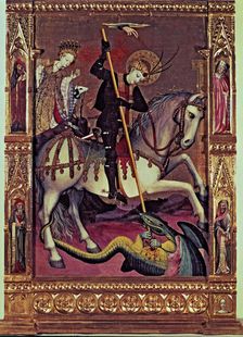 Altarpiece of Saint George. Central panel, the hand of God blesses the Saint protecting him, at t…