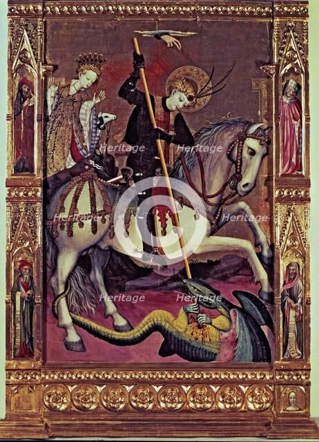 Altarpiece of Saint George. Central panel, the hand of God blesses the Saint protecting him, at t…