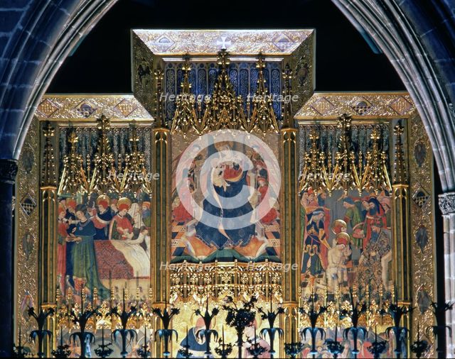 Altarpiece of Saints Cosme and Damian, detail of the three tables on the top, 1455 by Miquel Nada…