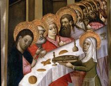 Altarpiece of St. Mary Magdalene detail, colored painting in tempera on wood. Representing va…