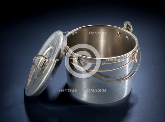Aluminum pot and lid used by Charles Lindbergh, 1931. Creator: Primus.