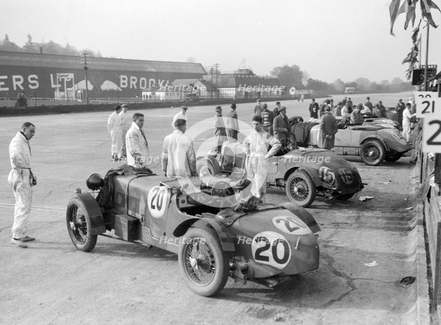 Alvis and Lea-Francis cars at the JCC Double Twelve race, Brooklands, 8/9 May 1931. Artist: Bill Brunell.