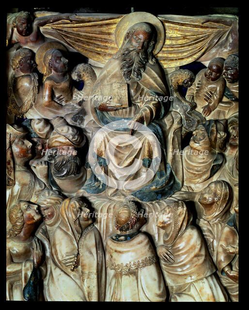 Alabaster altarpiece of the main altar or Santa Tecla altar of the Tarragona Cathedral, detail of…