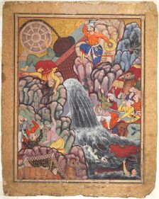 Alamshah cleaving asunder the chain of the wheel, from volume 11 of a Hamza-nama..., c. 1560s - 1570 Creator: Unknown