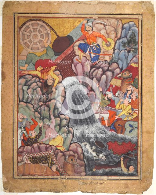 Alamshah cleaving asunder the chain of the wheel, from volume 11 of a Hamza-nama..., c. 1560s - 1570 Creator: Unknown.