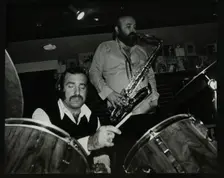 Alan Jackson (drums) and Don Weller (saxophone) playing at The Bell, Codicote, Hertfordshire, 1980. Creator: Denis Williams