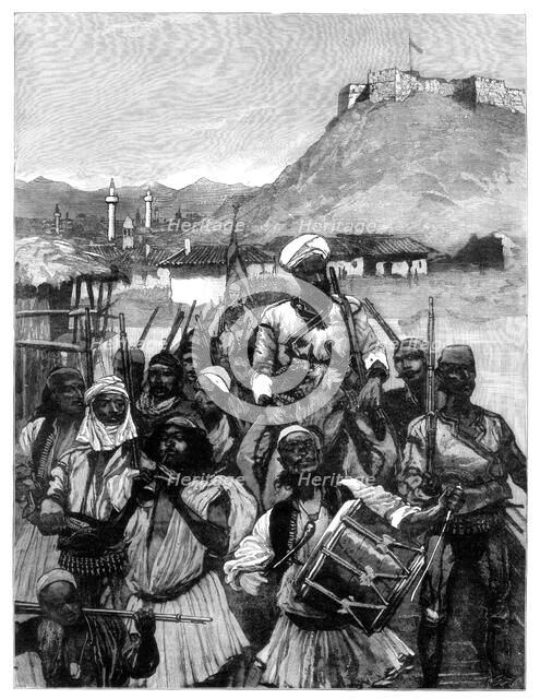 Albanians from Scutari cross the Boyana to occupy Dulcigno, 1880.Artist: Richard Caton Woodville II